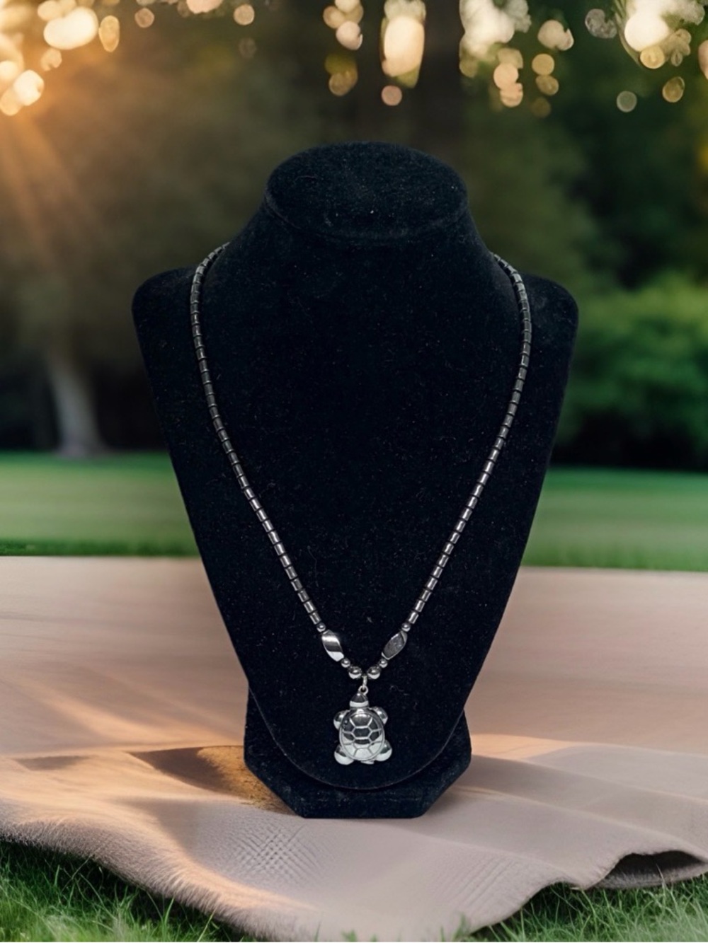 Hematite Beaded Sea Turtle Pendant Necklace Gunmetal Grey Nautical Jewelry